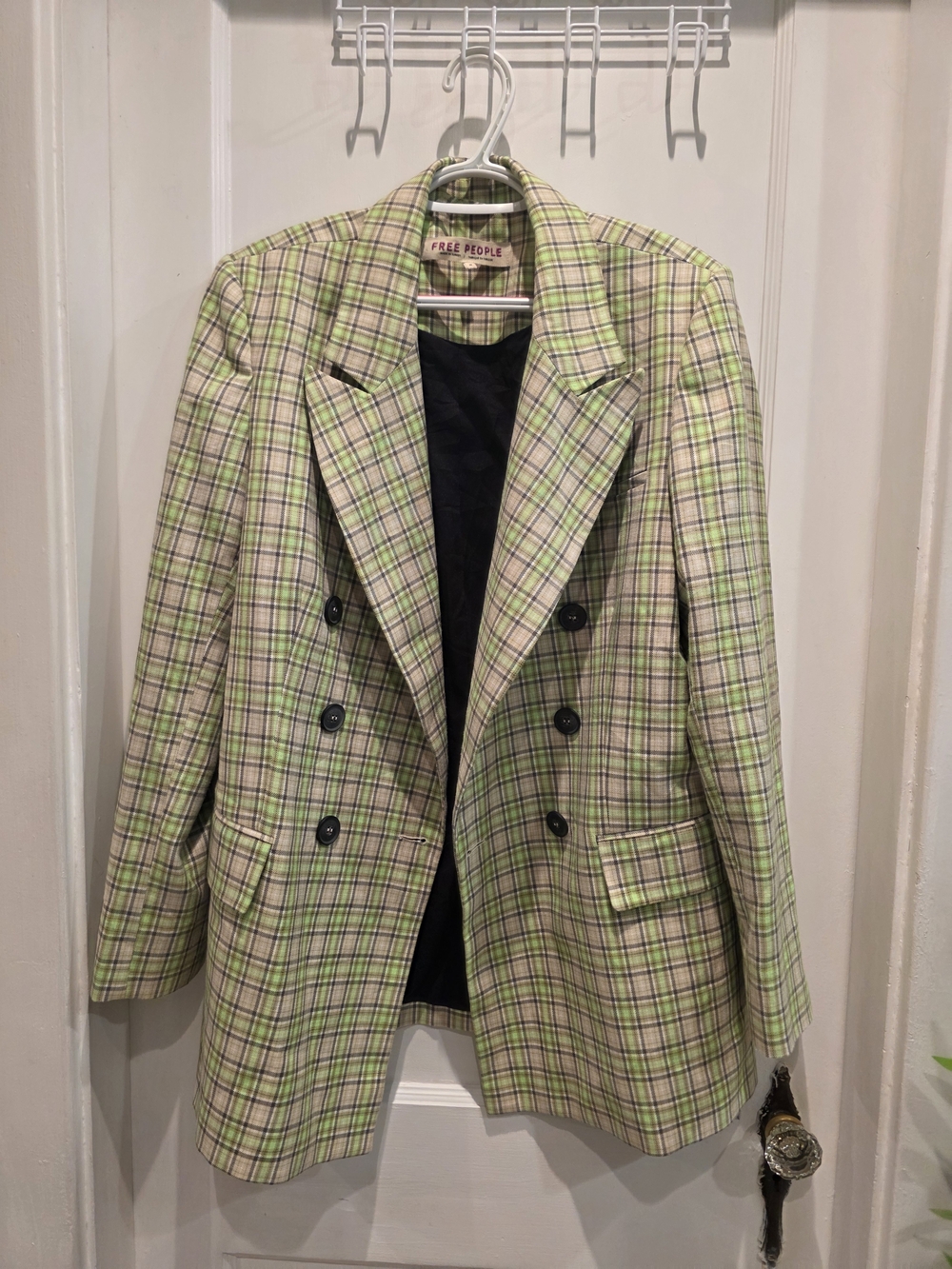 Free People Double-Breasted Plaid Blazer in Lime & Cream